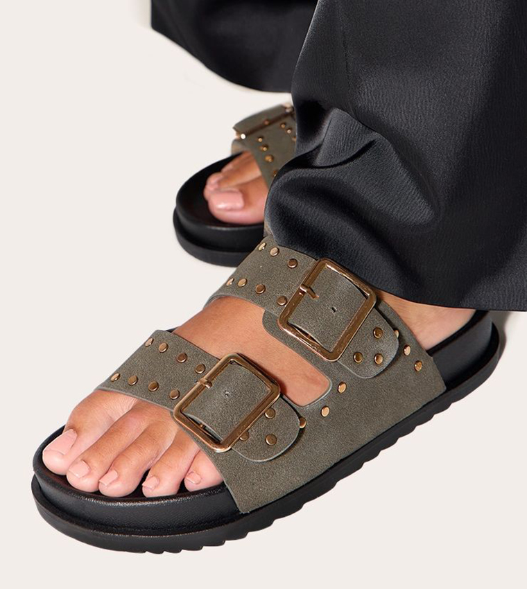 Double Buckle Faux Suede Flatbed Sandals
