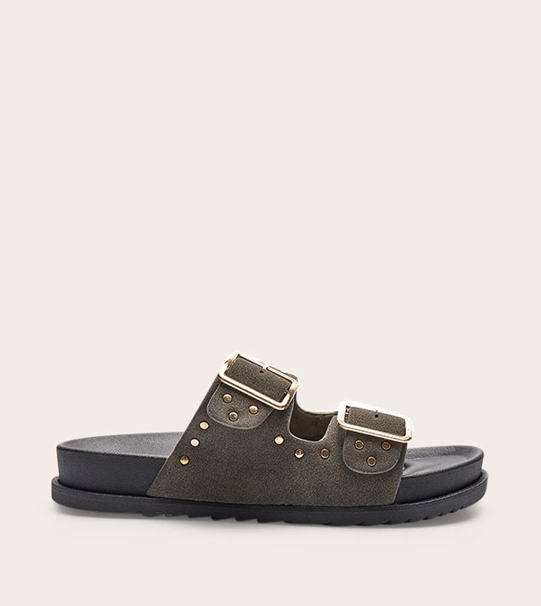 Double Buckle Faux Suede Flatbed Sandals