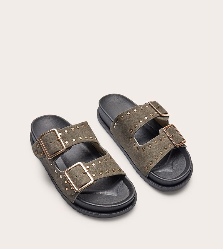 Double Buckle Faux Suede Flatbed Sandals