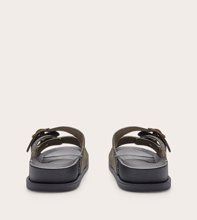 Double Buckle Faux Suede Flatbed Sandals