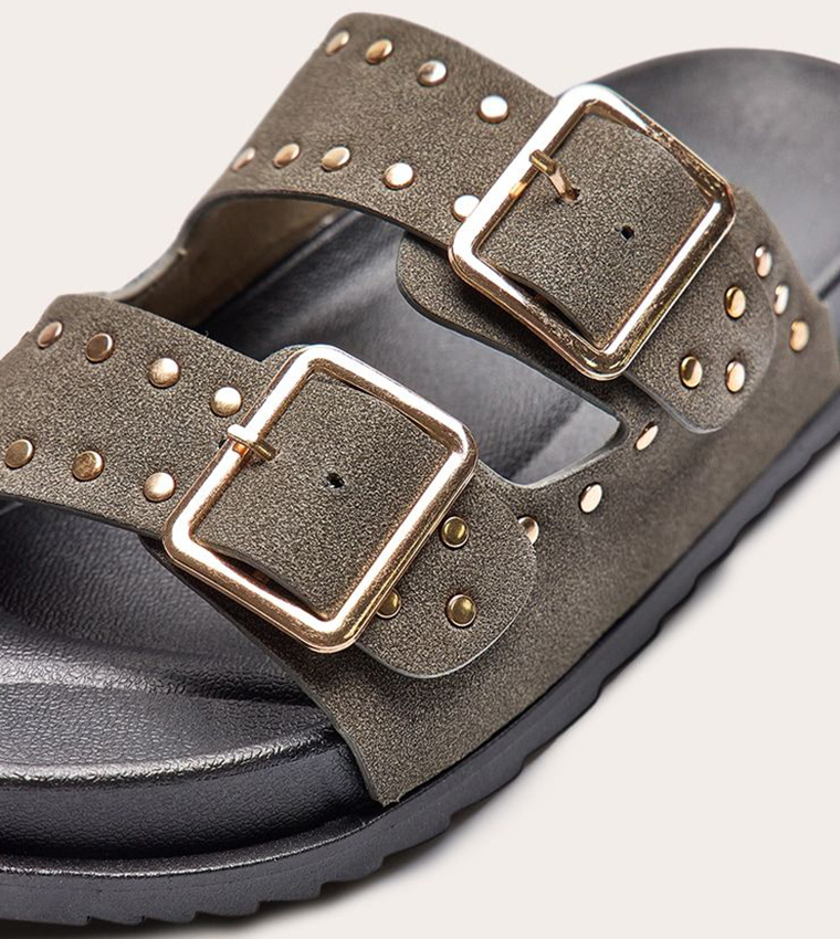 Double Buckle Faux Suede Flatbed Sandals