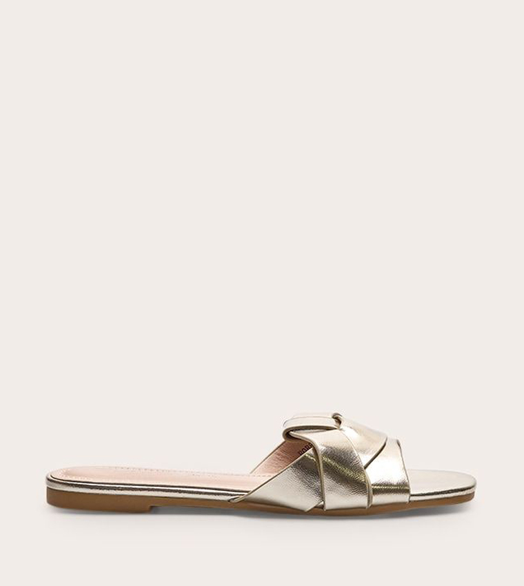 Gold Faux Leather Cross Over Flat Sandals