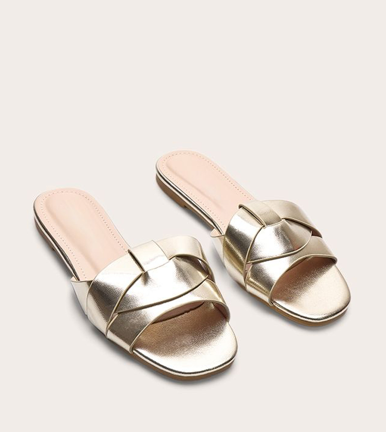 Gold Faux Leather Cross Over Flat Sandals