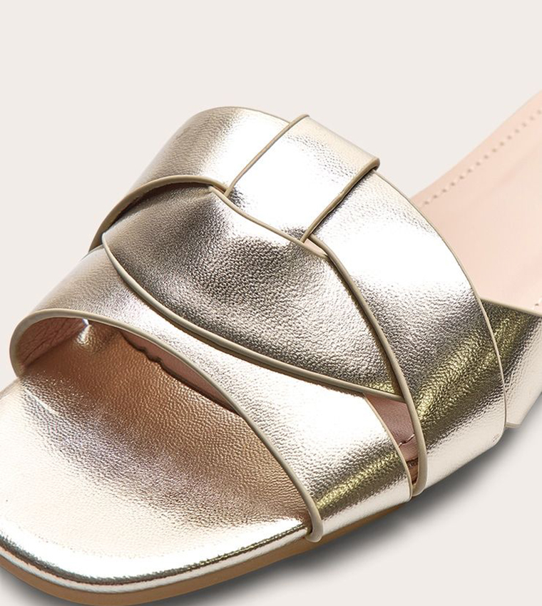 Gold Faux Leather Cross Over Flat Sandals