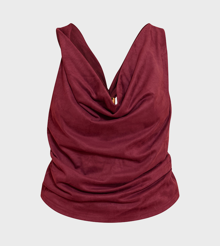 Shape Faux Suede Cowl Neck Gold Trim Top