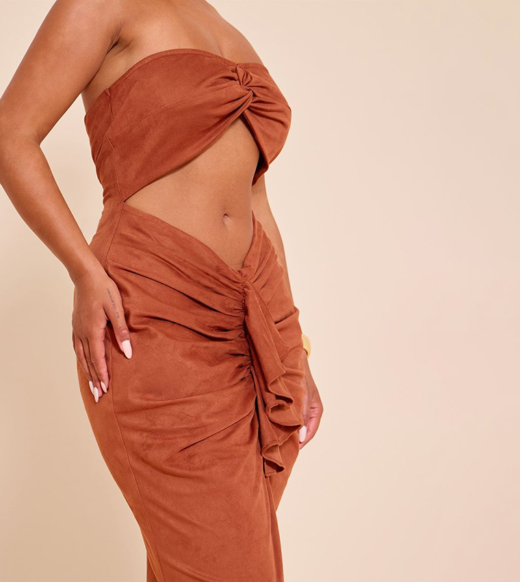 pretty little thing orange ruched dress Women's Orange Stretch Woven Bandeau Ruched Maxi Dress