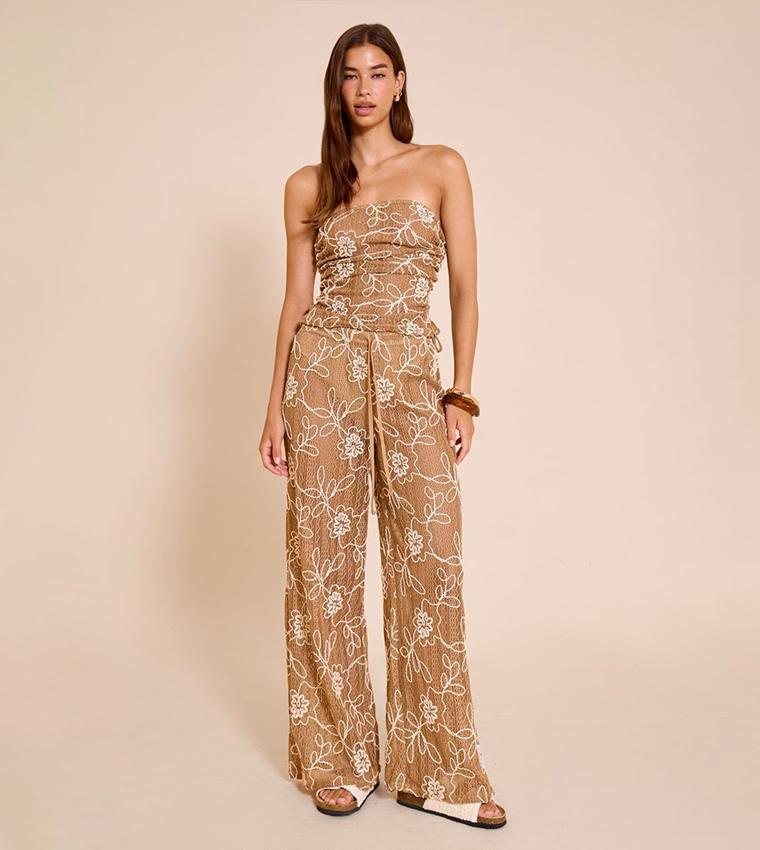 Tan Floral Crochet Bandeau Ruched Top