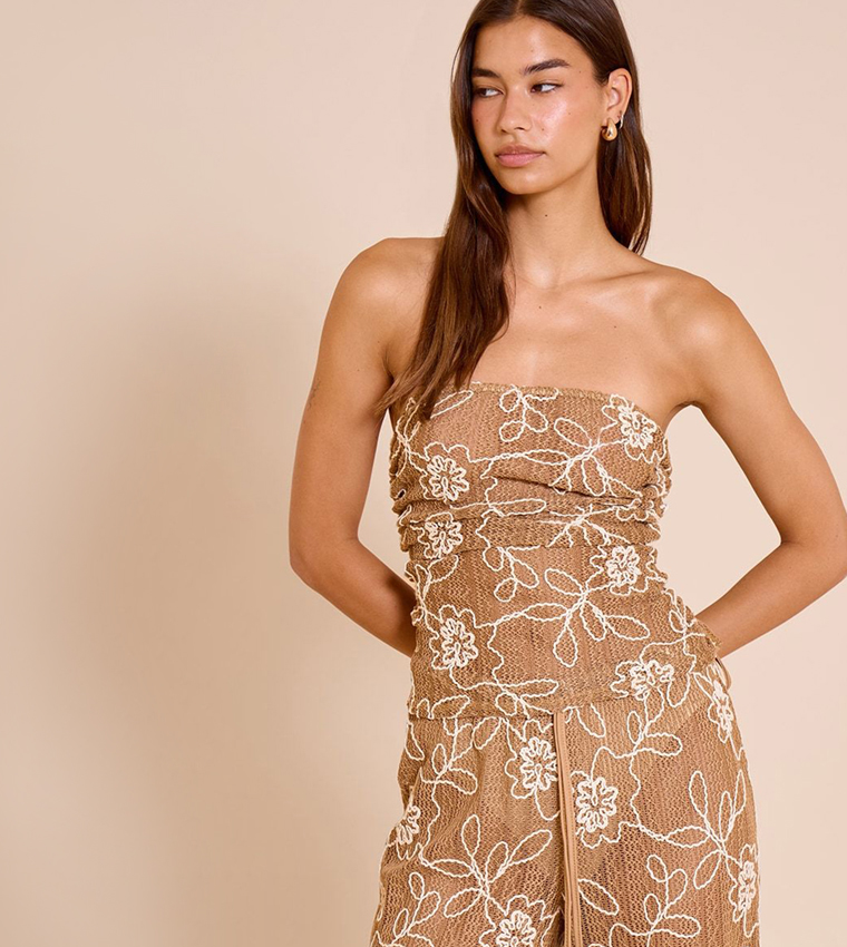 Tan Floral Crochet Bandeau Ruched Top