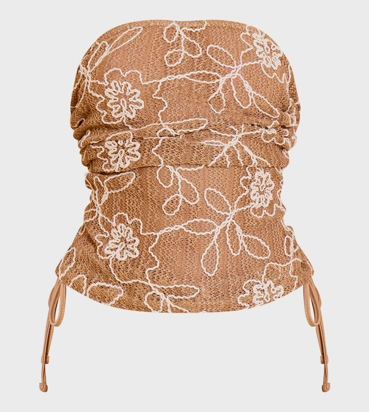 Tan Floral Crochet Bandeau Ruched Top