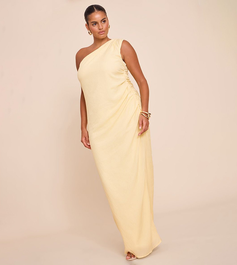 pretty little thing yellow one shoulder dress PrettyLittle Thing Yellow One Shoulder Draped Midi Dress-UK Size 14