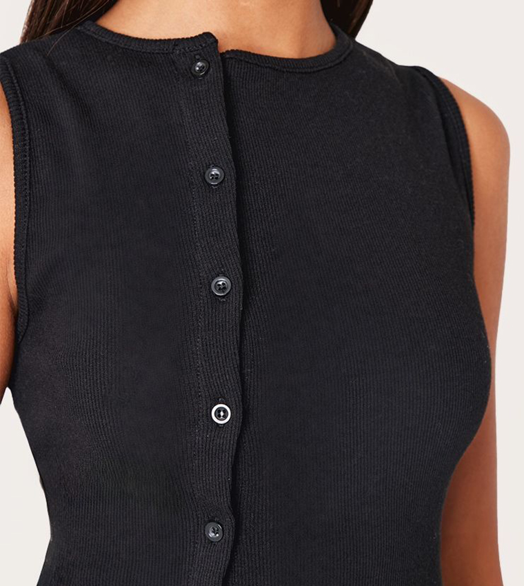Ribbed Asymmetric Button Up Sleeveless Top