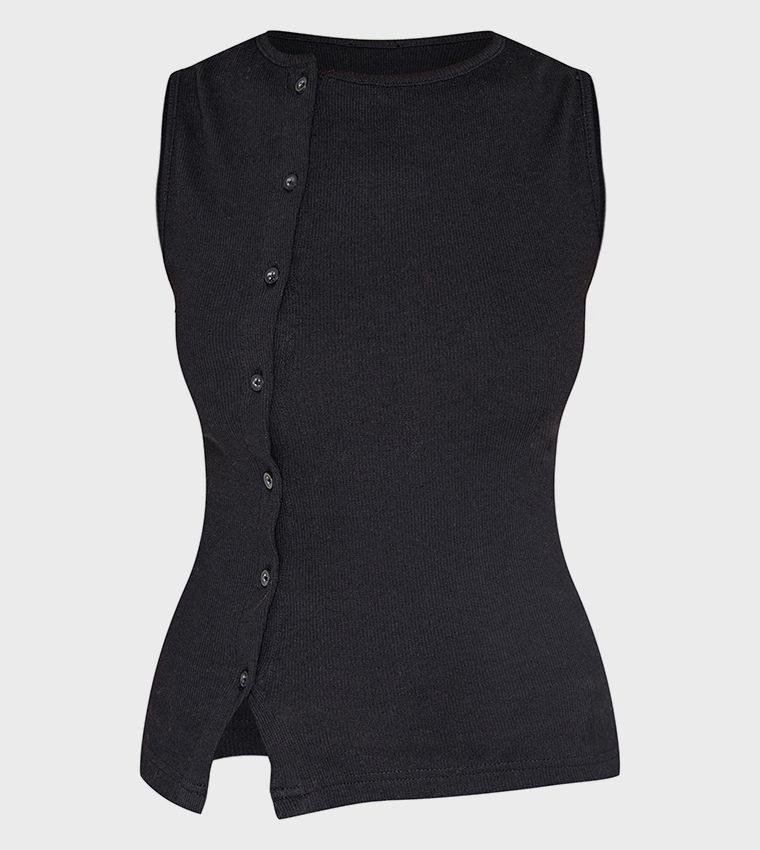 Ribbed Asymmetric Button Up Sleeveless Top