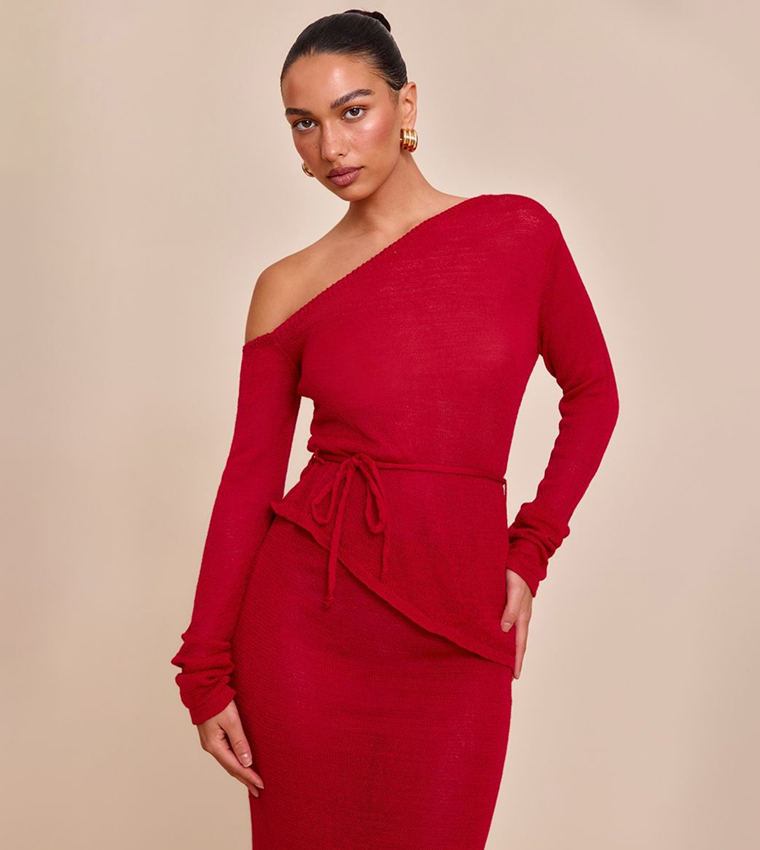 Asymmetric Neck Belted Filigree Top