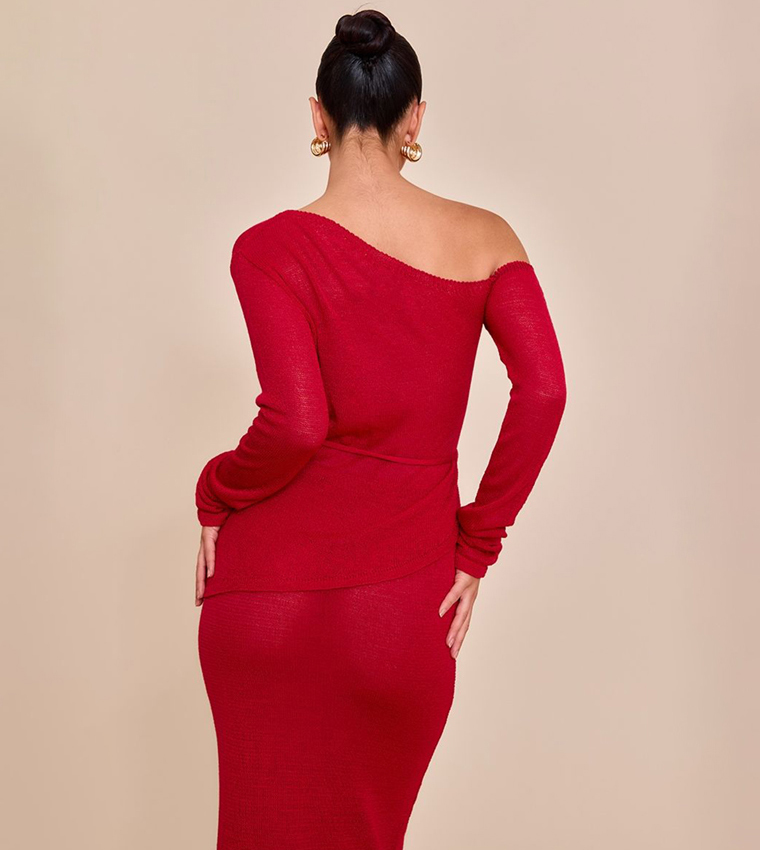 Asymmetric Neck Belted Filigree Top