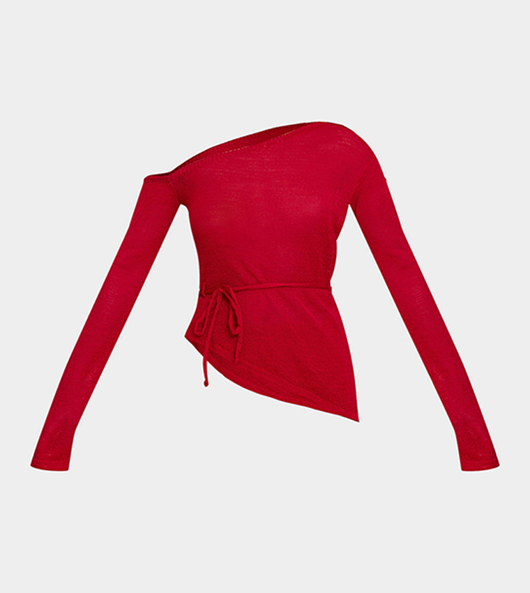 Asymmetric Neck Belted Filigree Top