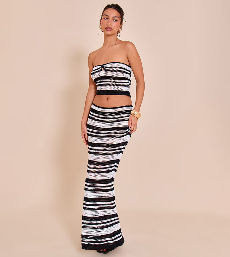Monochrome Stripe Crochet Knitted Maxi Skirt