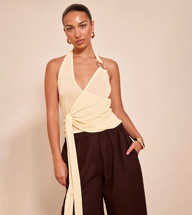 Tie Detail Halterneck Trim Knit Top