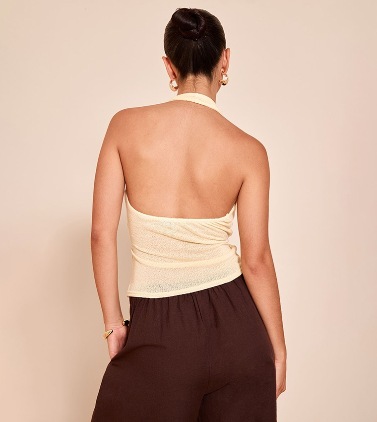 Tie Detail Halterneck Trim Knit Top