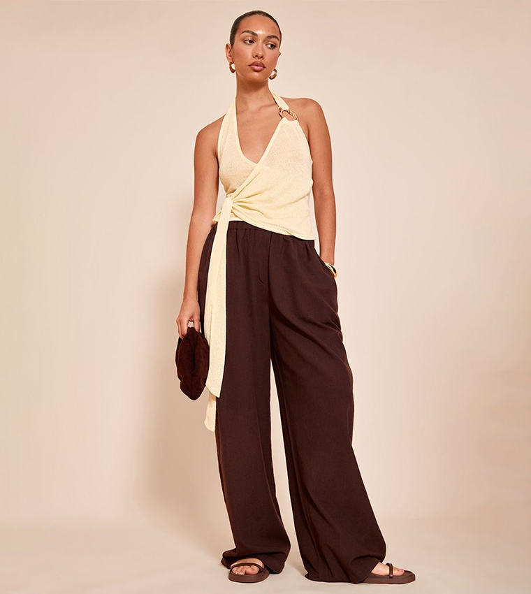 Tie Detail Halterneck Trim Knit Top