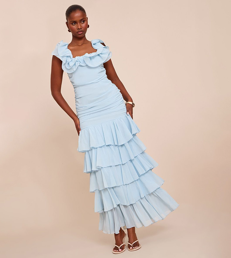 Buy PrettyLittleThing Chiffon Ruched Ruffle Maxi Dress In Light