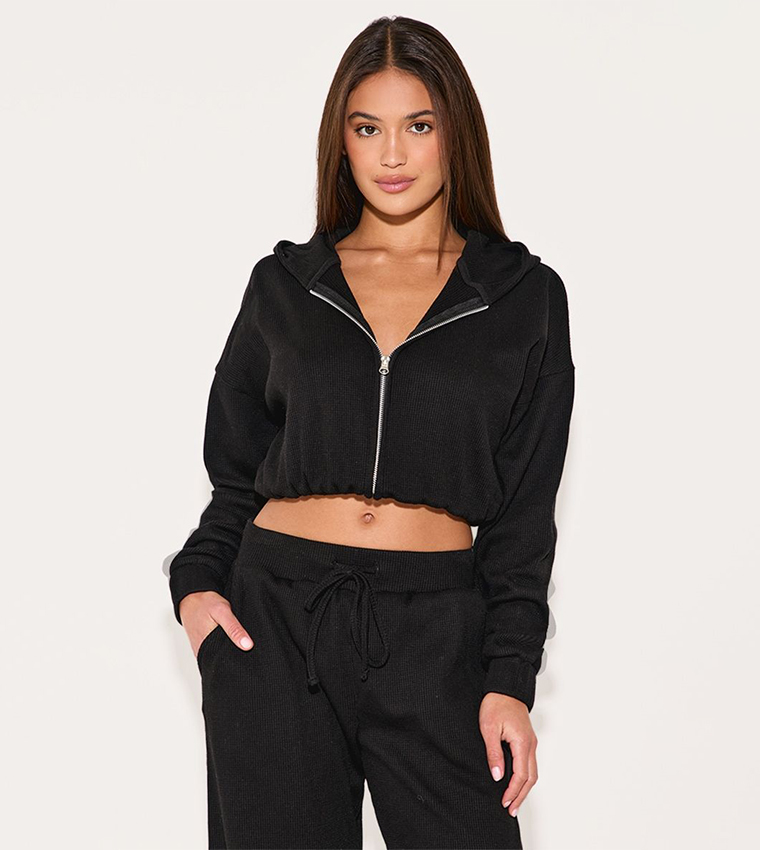 Waffle Detail Hooded Crop Jacket