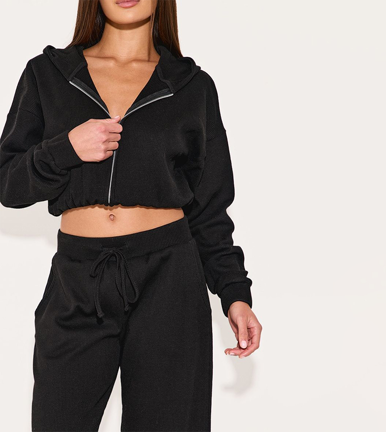 Waffle Detail Hooded Crop Jacket