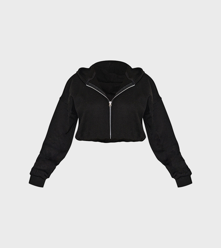 Waffle Detail Hooded Crop Jacket