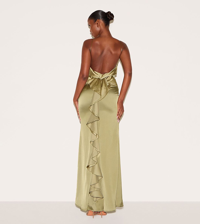 Satin Draped Frill Back Detail Maxi Dress
