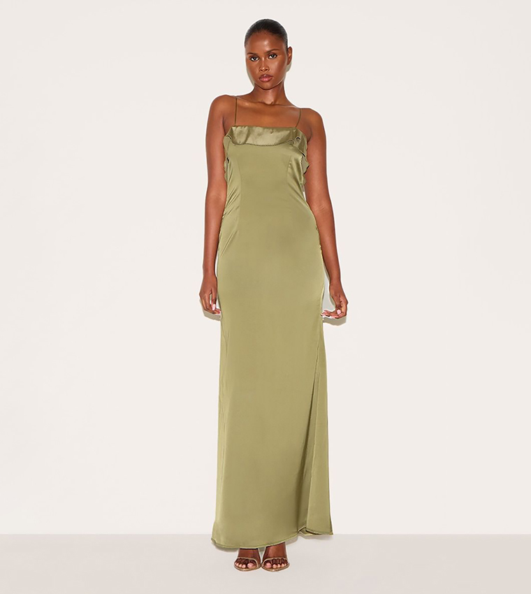Satin Draped Frill Back Detail Maxi Dress