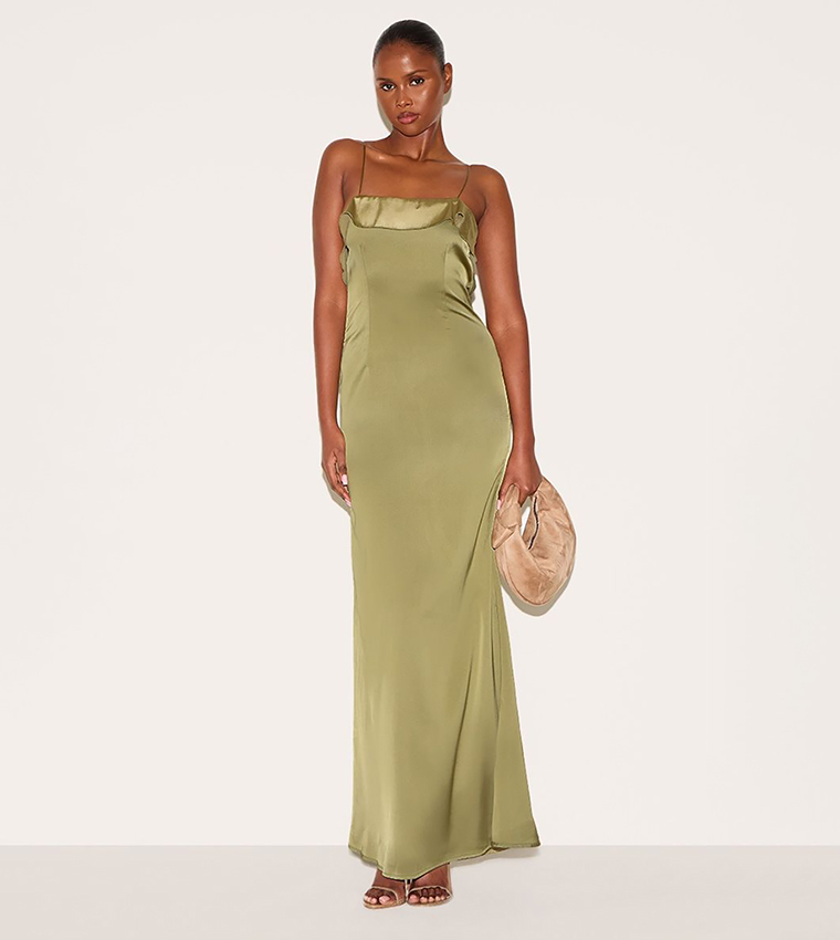 Satin Draped Frill Back Detail Maxi Dress