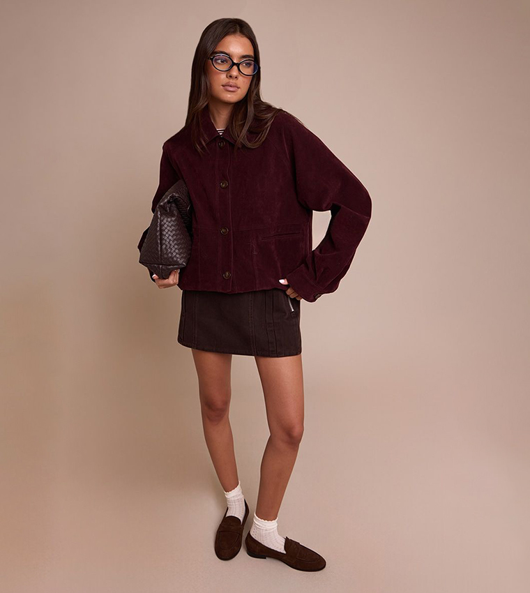 Zip-Through Oversized Faux Suede Jacket