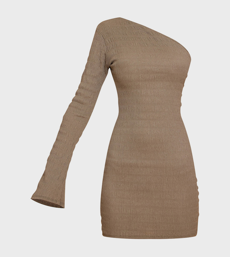 Textured One Shoulder Long Sleeves Bodycon Dress