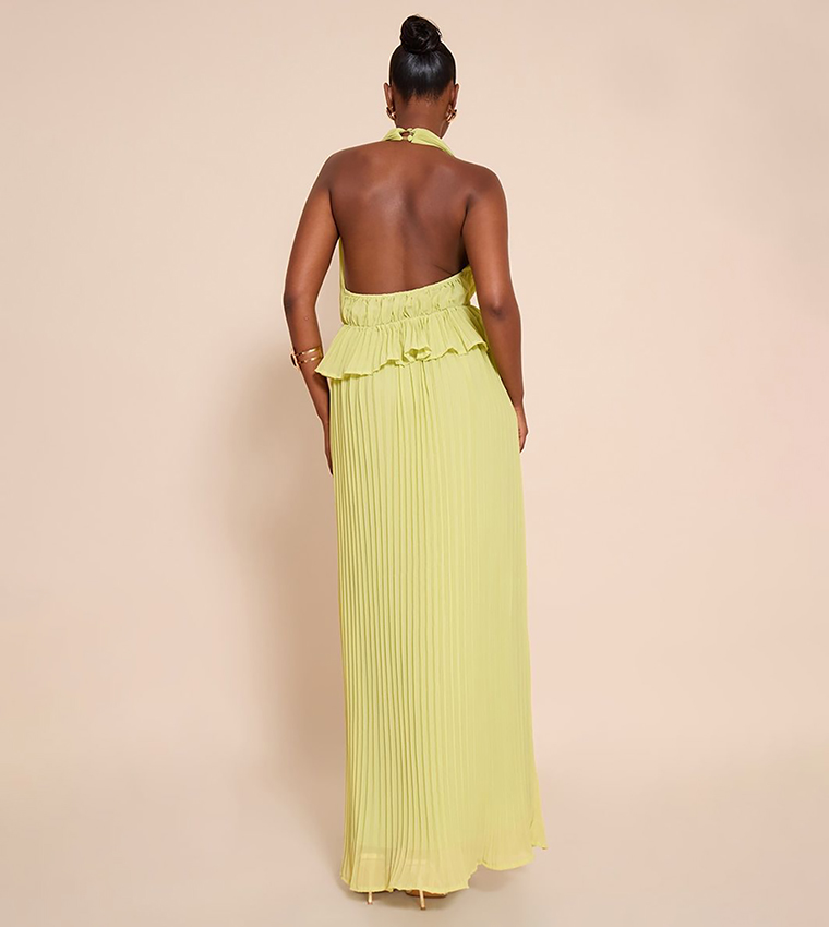 Plisse Halterneck Frill Detail Maxi Dress