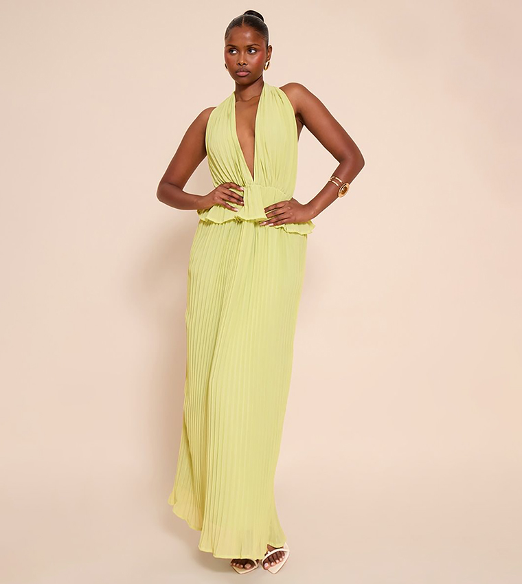 Plisse Halterneck Frill Detail Maxi Dress
