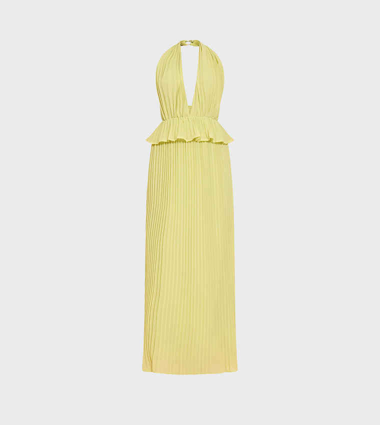 Plisse Halterneck Frill Detail Maxi Dress
