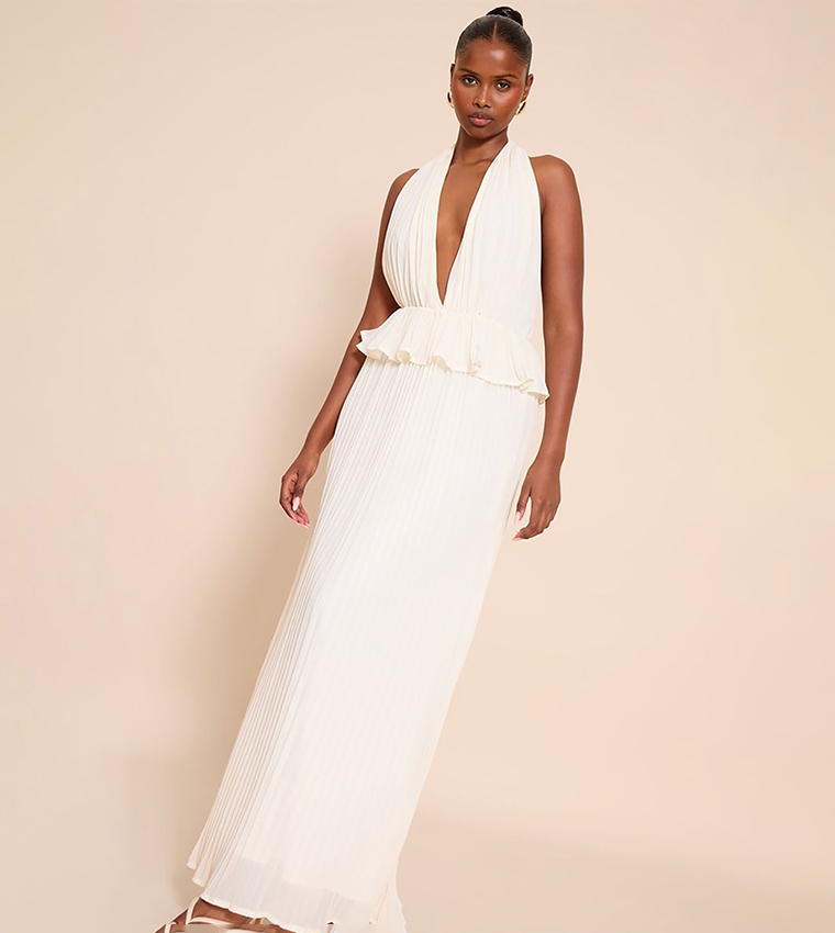 Plisse Halterneck Frill Detail Maxi Dress