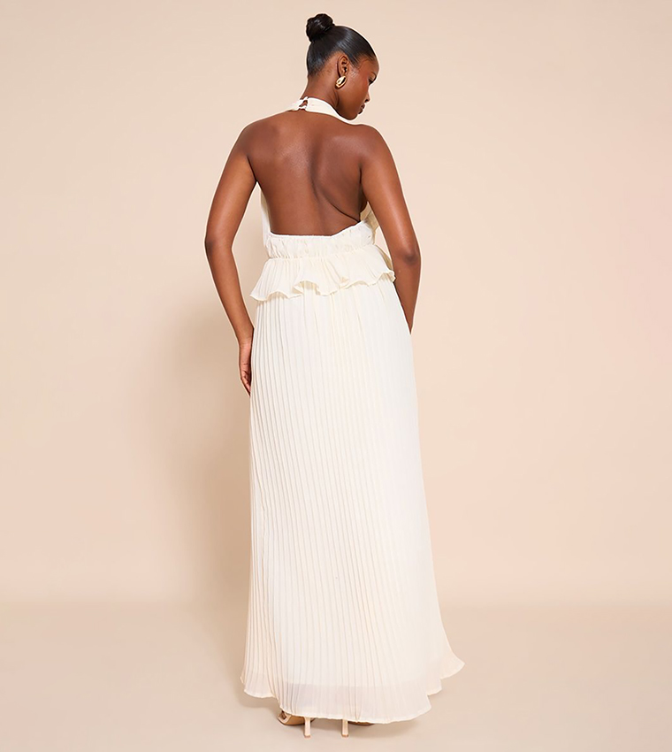 Plisse Halterneck Frill Detail Maxi Dress