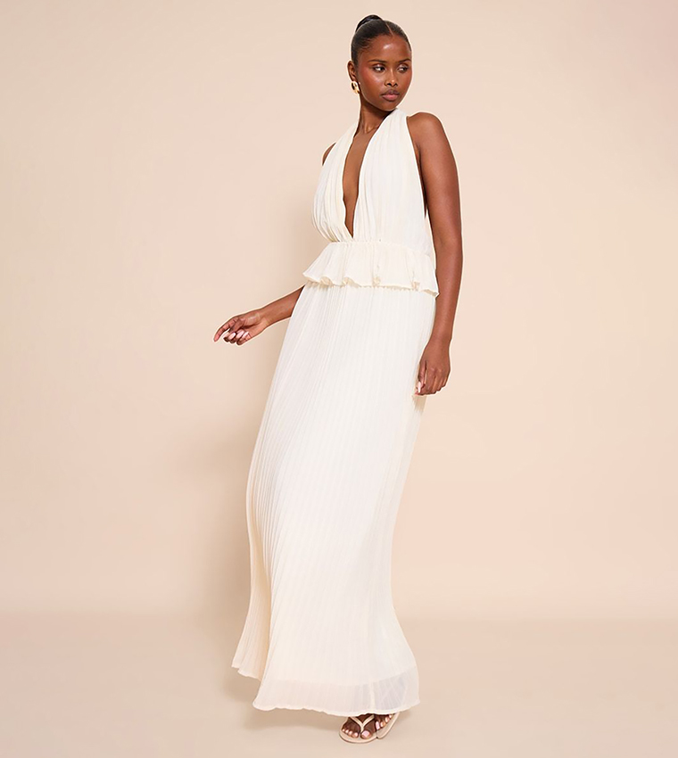 Plisse Halterneck Frill Detail Maxi Dress