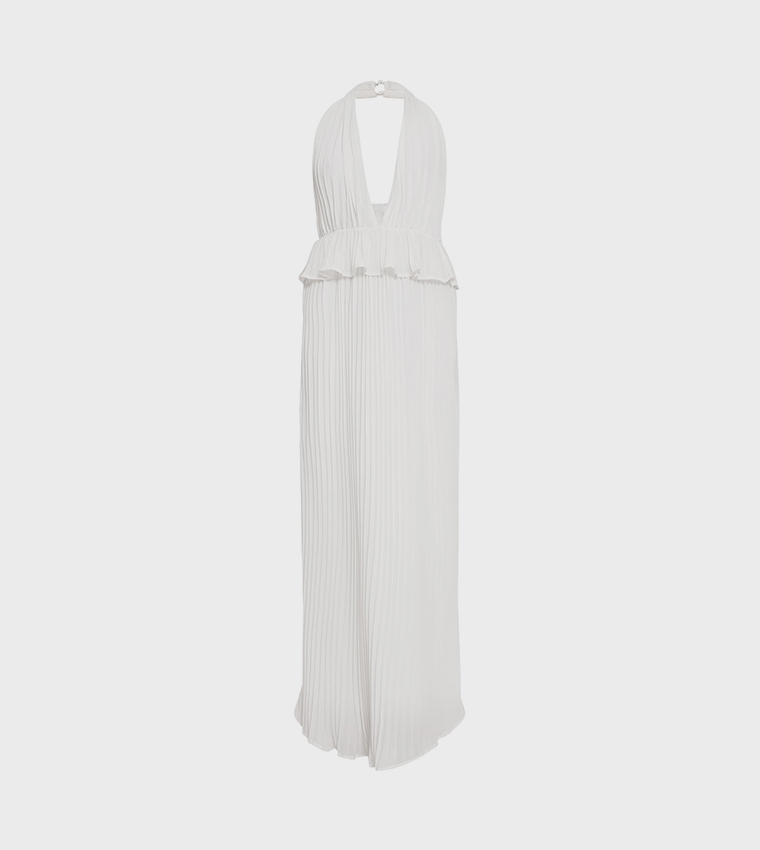 Plisse Halterneck Frill Detail Maxi Dress