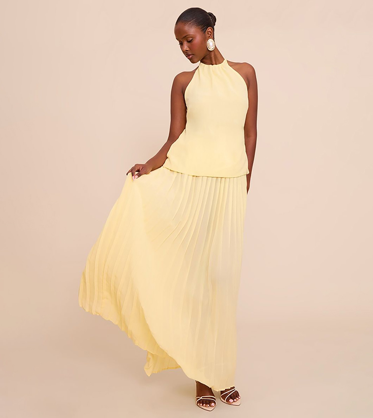 Yellow Floral Dress Lemon Dress Pretty Little Thing Lemon Overlay Pleated  Skirt Maxi Dress Dresses PLT