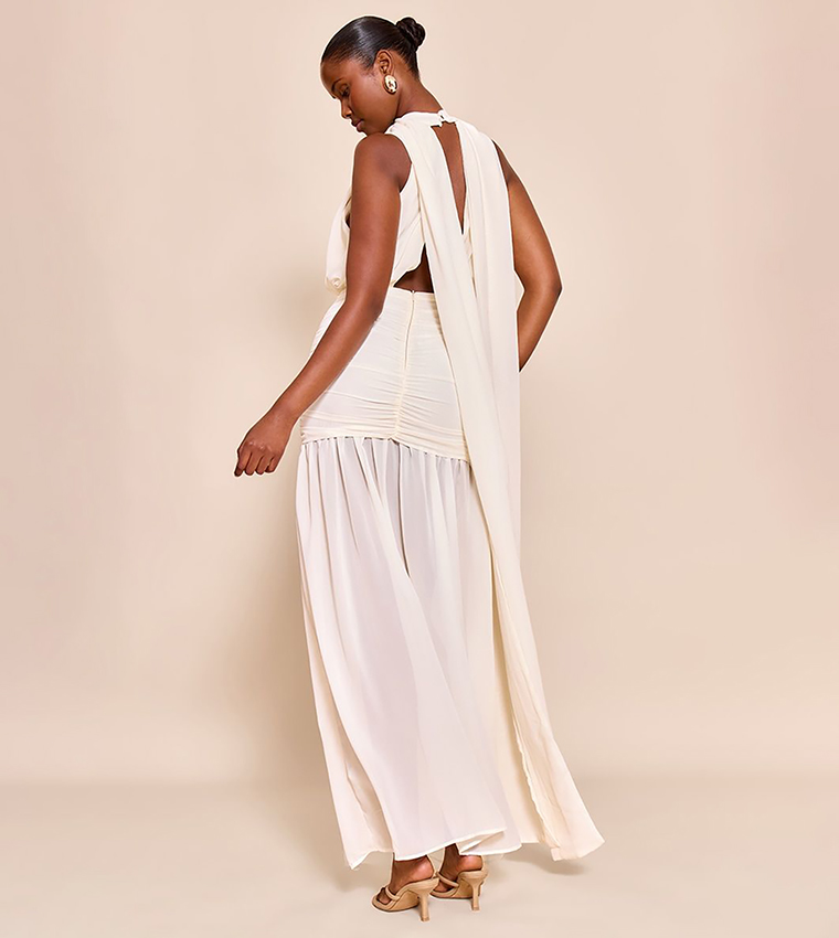 High Neck Scarf Detail Ruched Maxi Dress