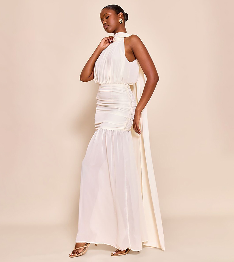 High Neck Scarf Detail Ruched Maxi Dress