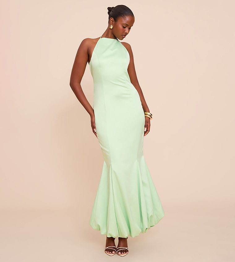 Satin Halterneck Puffball Maxi Dress