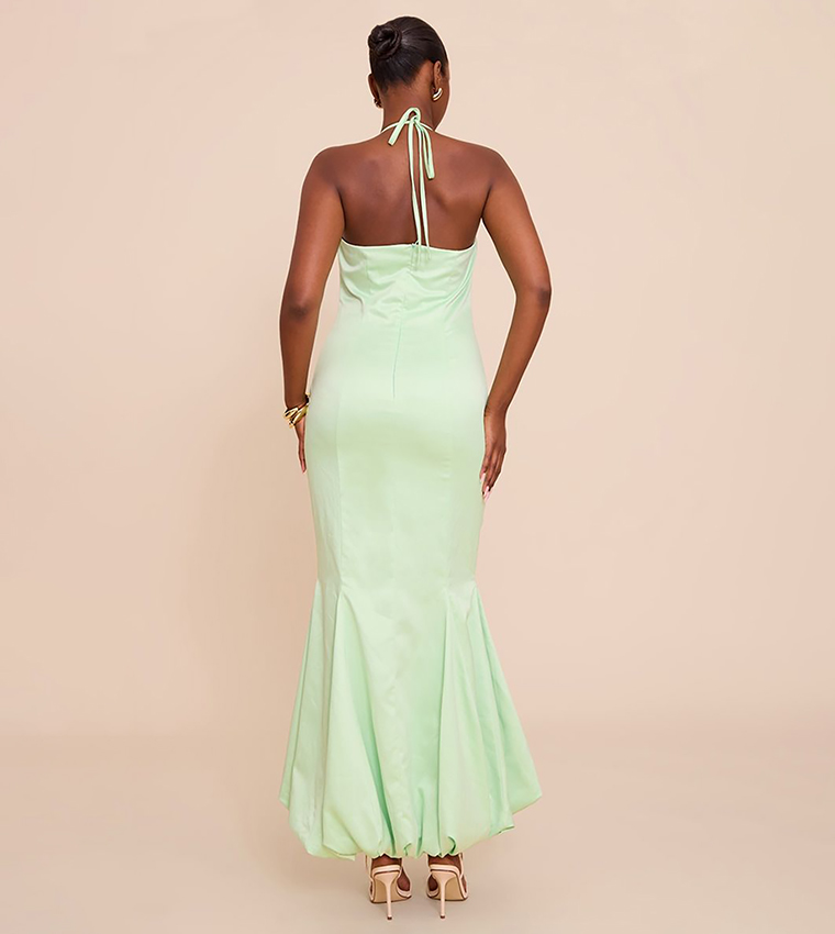 Satin Halterneck Puffball Maxi Dress