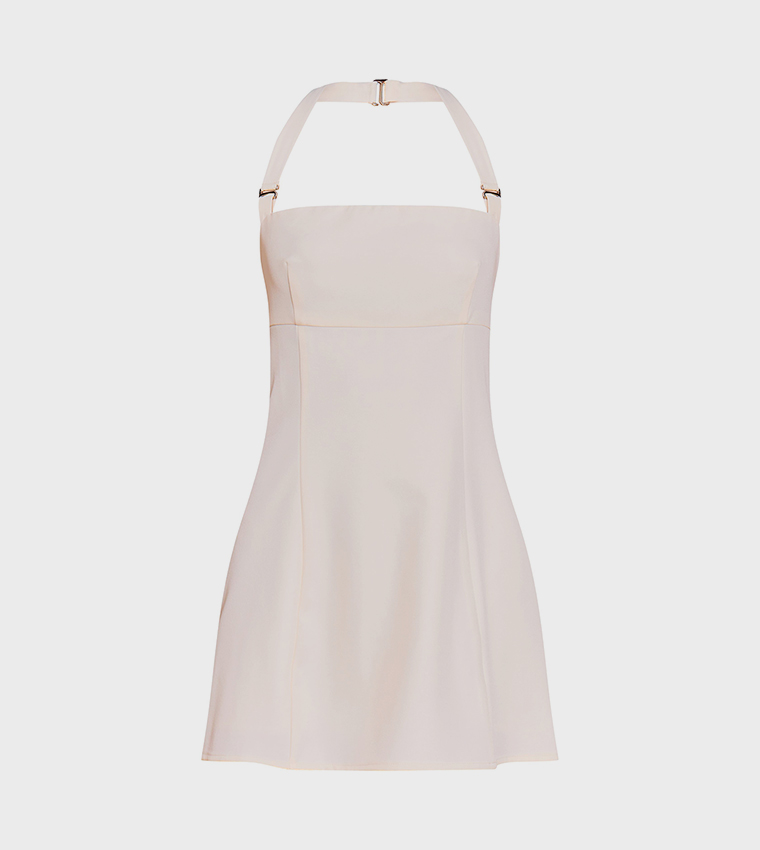 Buckle Detail Halterneck Shift Mini Dress