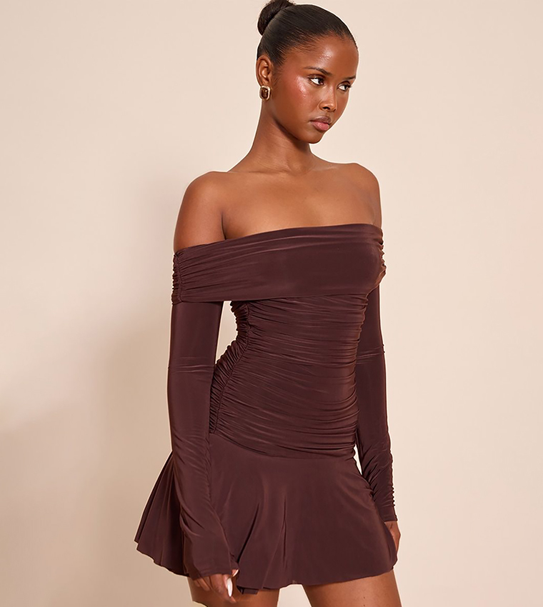 Double Layer Slinky Long Sleeves Bardot Mini Dress