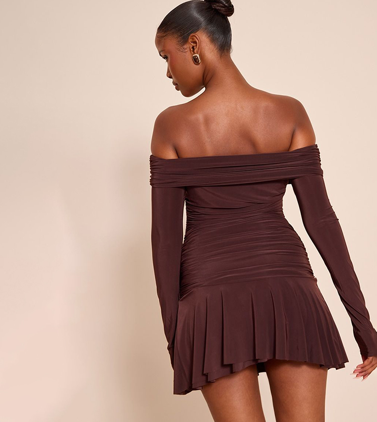 Double Layer Slinky Long Sleeves Bardot Mini Dress