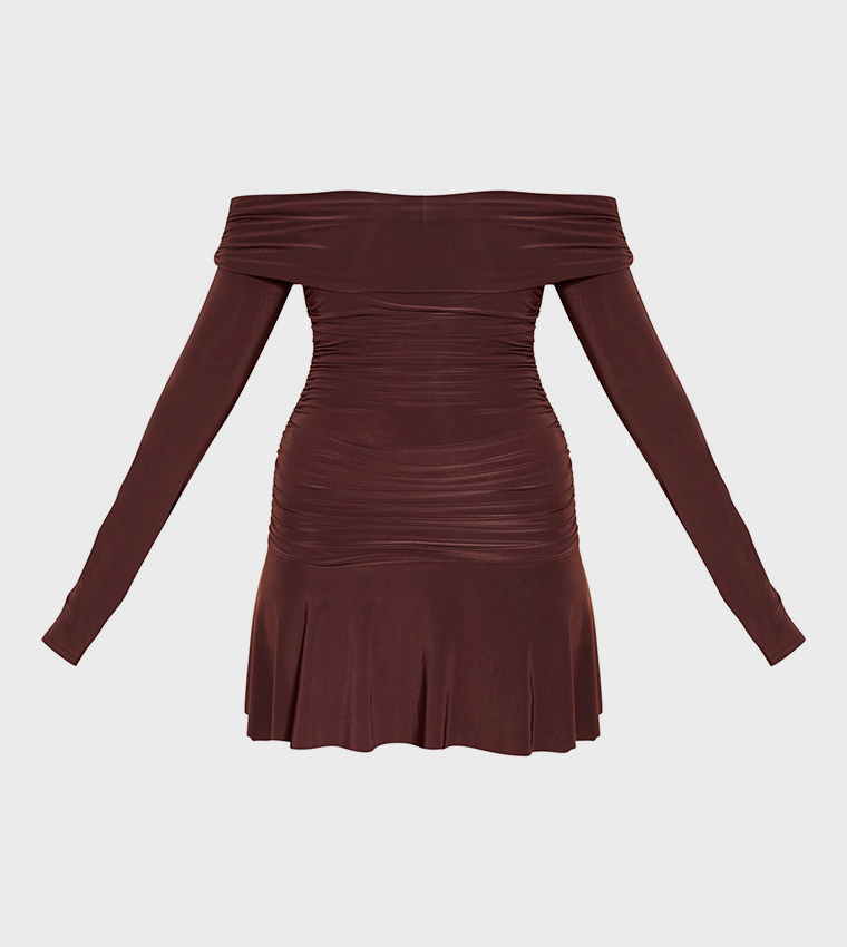 Double Layer Slinky Long Sleeves Bardot Mini Dress