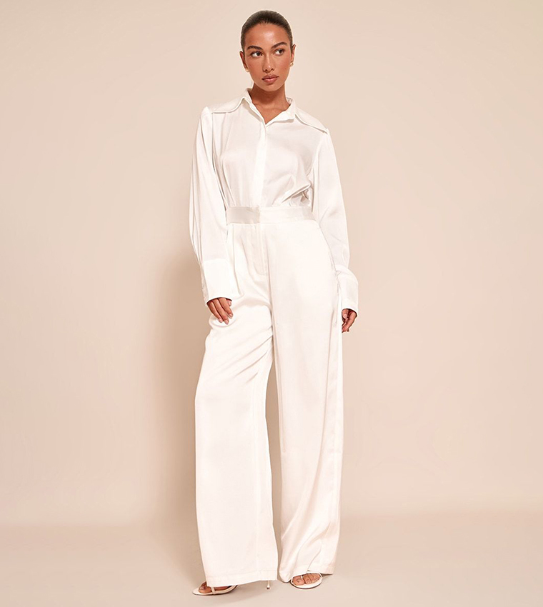 Satin Shirt Detail Wide Leg Jumpsuit