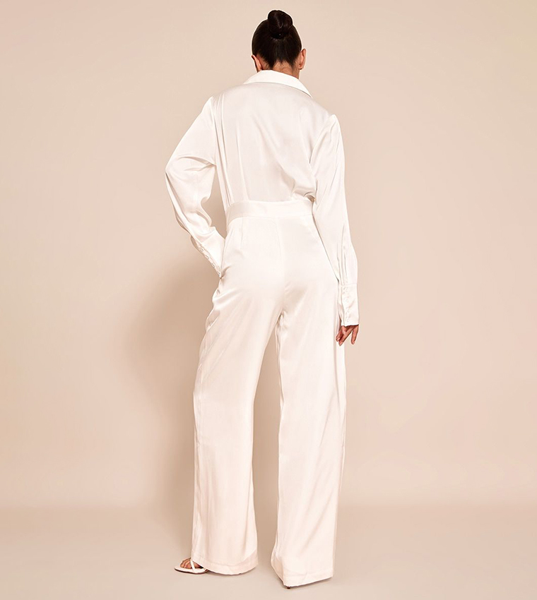 Satin Shirt Detail Wide Leg Jumpsuit